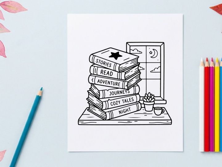 Pila de libros con tema acogedor de lectura junto a una ventana, ilustración de arte lineal dibujado a mano.