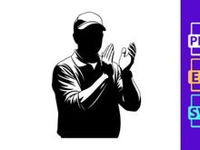 A black silhouette of a man in a baseball cap clapping his hands
