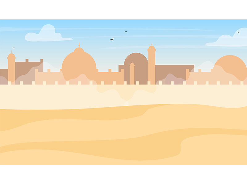 Desert town silhouette night scenery flat color vector background