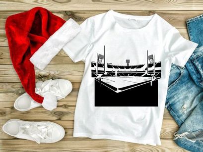 Black and white illustration of an empty sports stadium with floodlights