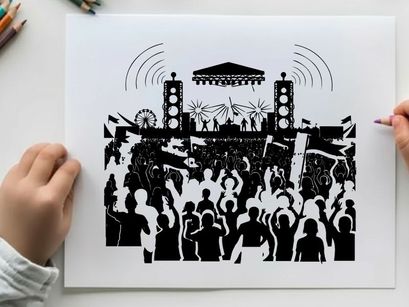 Concert silhouette with crowd and stage lights