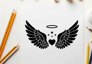 Angel wings silhouette with halo and heart