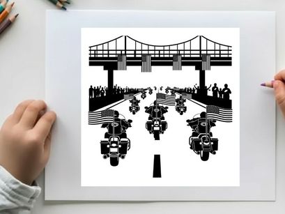 Motorcycle parade under a bridge silhouette