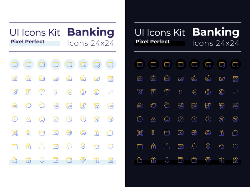 Banking pixel perfect gradient linear ui icons set