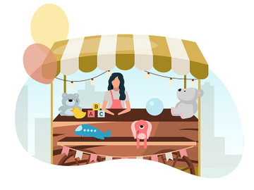 Vendor selling toys at street market wooden cart flat illustration preview picture
