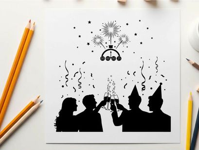 New year's eve celebration silhouette with fireworks and confetti