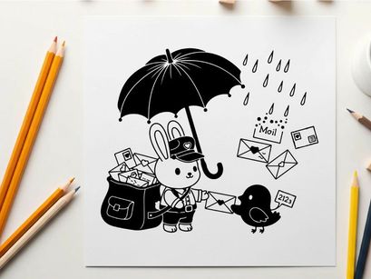 A rabbit postal worker in silhouette holds an umbrella on a rainy day