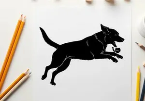 Black silhouette of a dog running quickly to the right
