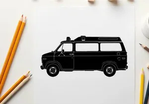 Silhouette of a classic camper van with roof vents and windows