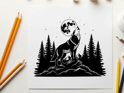 Wolf silhouette howls at full moon in forest silhouette