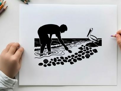 Silhouette of a person collecting seashells on a beach with a pelican