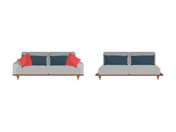 Grey sofa with black and red pillows flat color vector object set preview picture