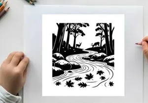 Serene forest stream with deer silhouette at dusk