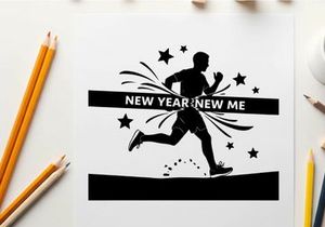 Silhouette of a man running with new year new me text