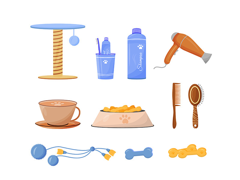 Pet care product flat color vector objects set