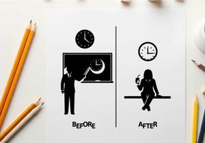Silhouette of teacher before and after explaining a clock