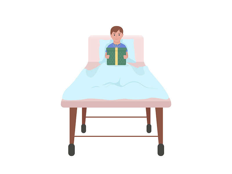 Sick child with gift in hospital semi flat color vector character