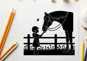 Silhouette of a child and horse by a fence