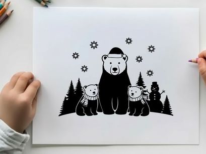 Winter scene with bear family silhouette in snowy forest