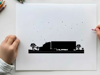 Truck driving on a road at dusk silhouette