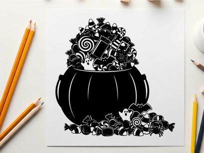 Black cauldron silhouette overflowing with halloween candy and treats