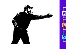 A black and white image of a sports coach gesturing on the field with a headset