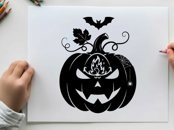 Halloween silhouette of a jack o lantern with bat and leaves