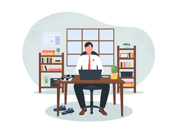 Businessman at computer after workout 2D vector web banner, poster preview picture