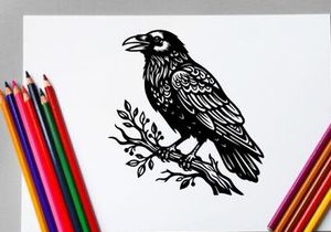 Detailed black and white illustration of a hawk perched on a branch