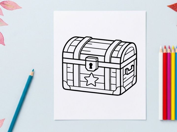Classic wooden treasure chest with star and lock. Vintage pirate box for adventure and fantasy themes.