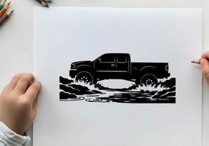 Silhouette of a pickup truck driving through water