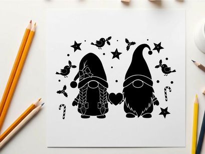 Black silhouette of two gnomes with birds stars and heart