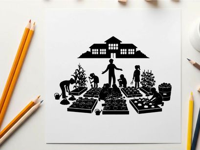 Silhouette of people gardening in front of a large house silhouette