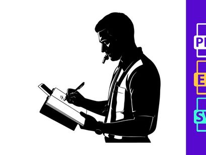 Silhouette of a man writing on a clipboard with a pen