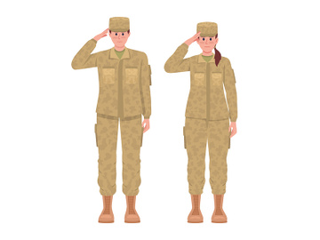 Male and female soldiers saluting semi flat color vector characters preview picture