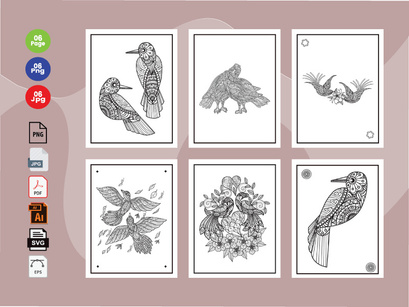 6 Bird Coloring Book Pages KDP Interior.