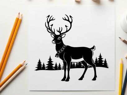 Reindeer silhouette with antlers and christmas bell collar outdoors