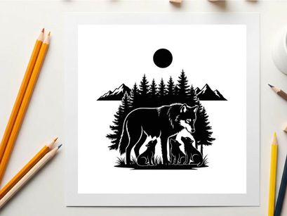 Silhouette of a bear and cubs in a forest under a full moon