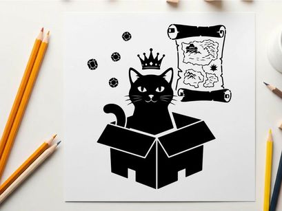 A black cat silhouette wearing crown emerges from box