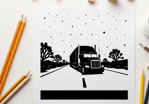 Silhouette of a semi truck driving down a road with trees on a snowy night