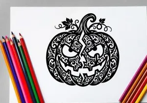 Intricate Halloween Pumpkin with Carved Face and Swirling Design