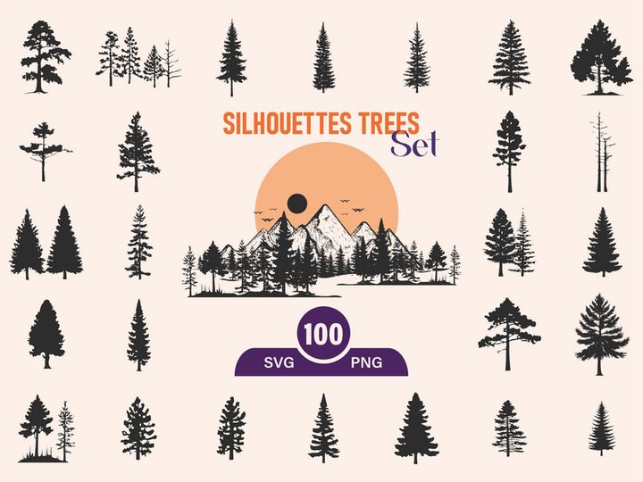 Silhouettes Trees Set, Pine Tree fir pruce cedar white patch alder elm birch ash cypress beech palm tree.