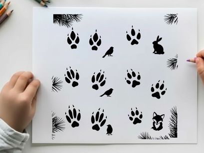 Animal silhouette patterns with pine needles and wildlife footprints