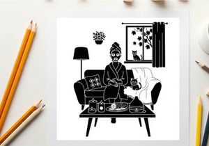 Silhouette of a woman relaxing on a couch with her cat