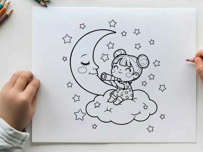 Cute baby sleeping on moon with stars vector illustration