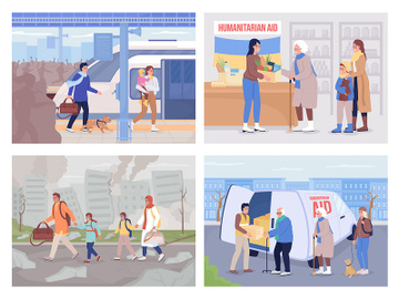 Ukrainian refugees in search of assistance color vector illustration set preview picture