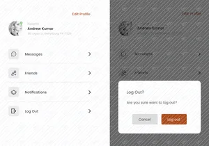 My profile and Logout action screens