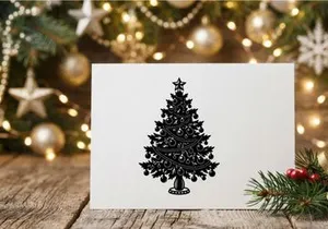 Black and white Christmas tree illustration with ornaments and star topper