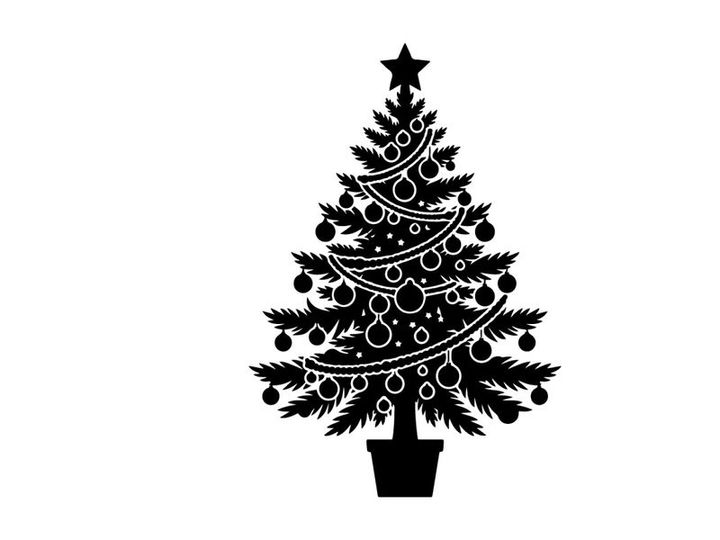 Black silhouette of a decorated Christmas tree with ornaments and a star topper