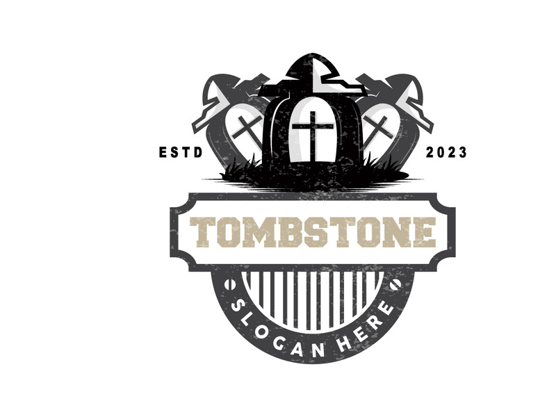 Tombstone Logo, Tomb Cemetery Cross, Vector Vintage